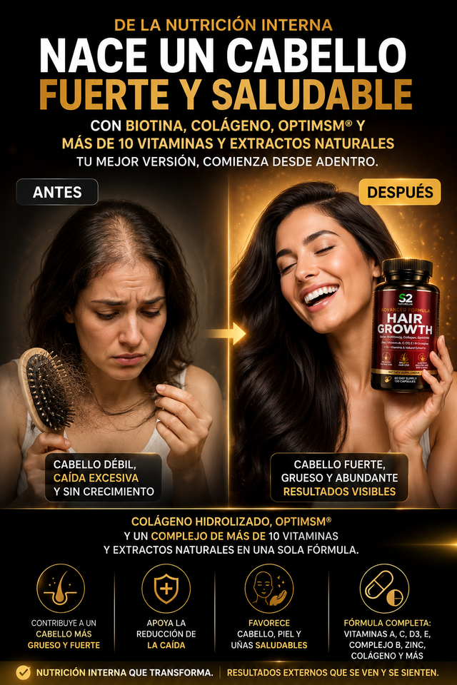 Nutre tu cabello desde donde realmente comienza: el interior. con HAIR GROWTH, con Collagen y OptiMSM
